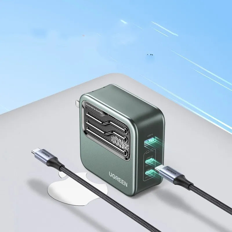 100W Gallium Nitride GaN multi-port USB-C fast charger plug on a table