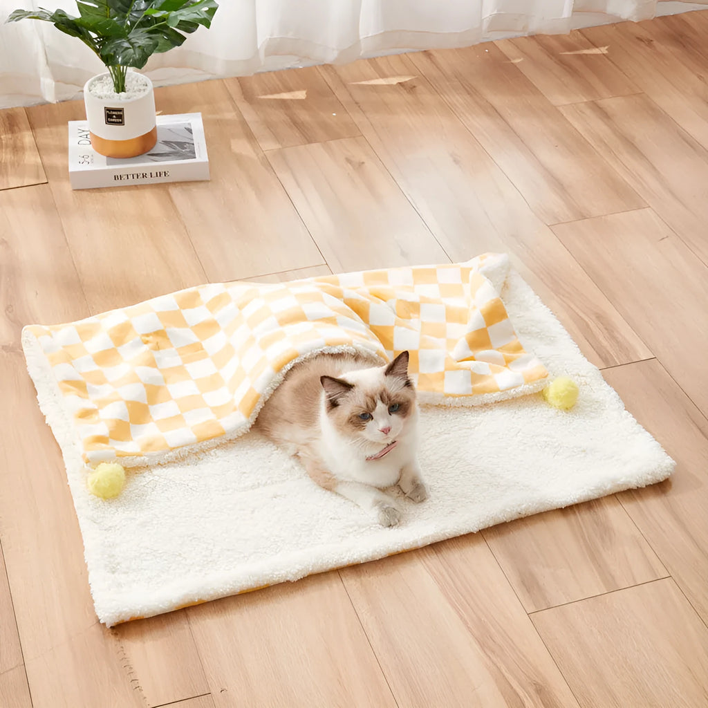 Green plaid pet blanket with soft fleece surface for cats and dogs