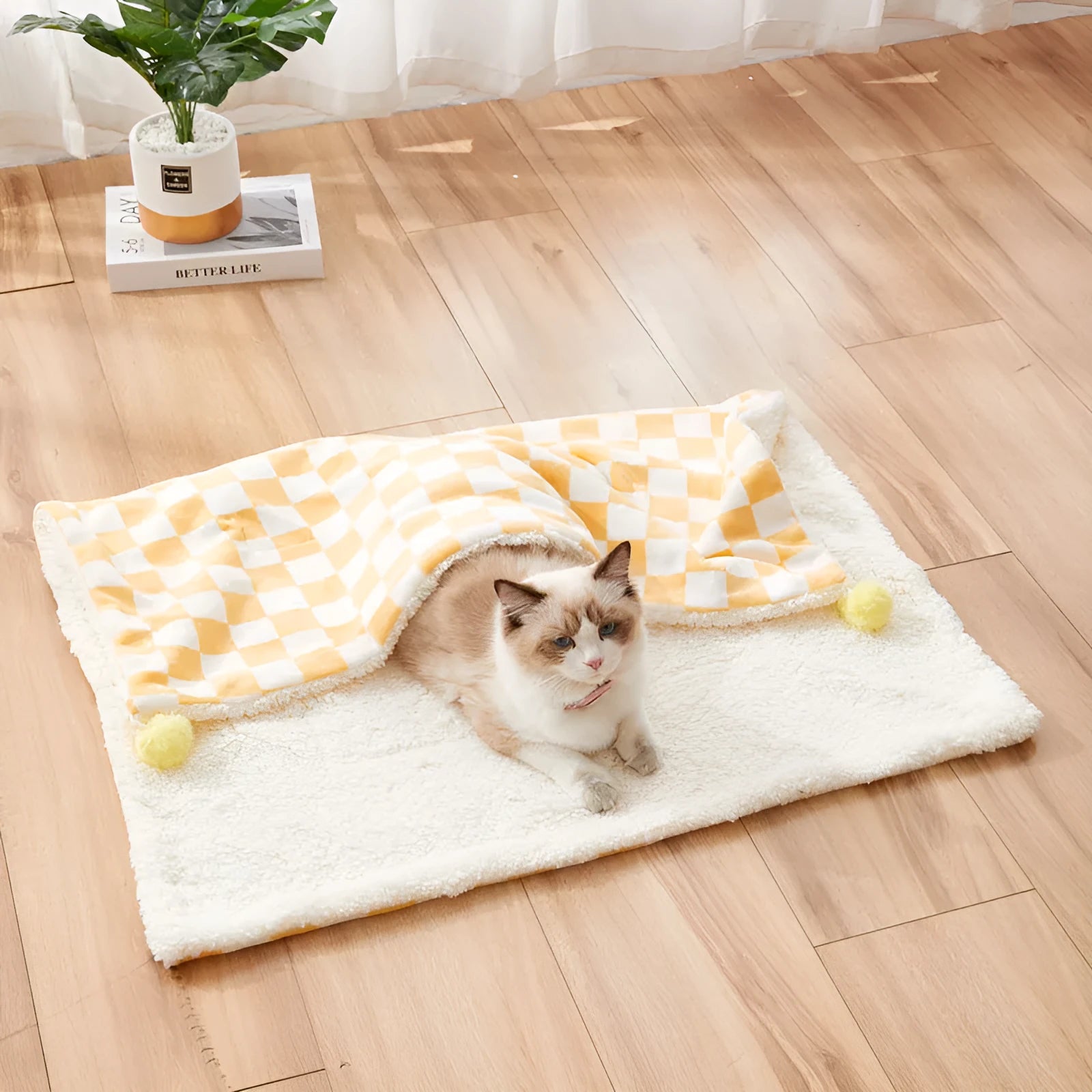 Green plaid pet blanket with soft fleece surface for cats and dogs