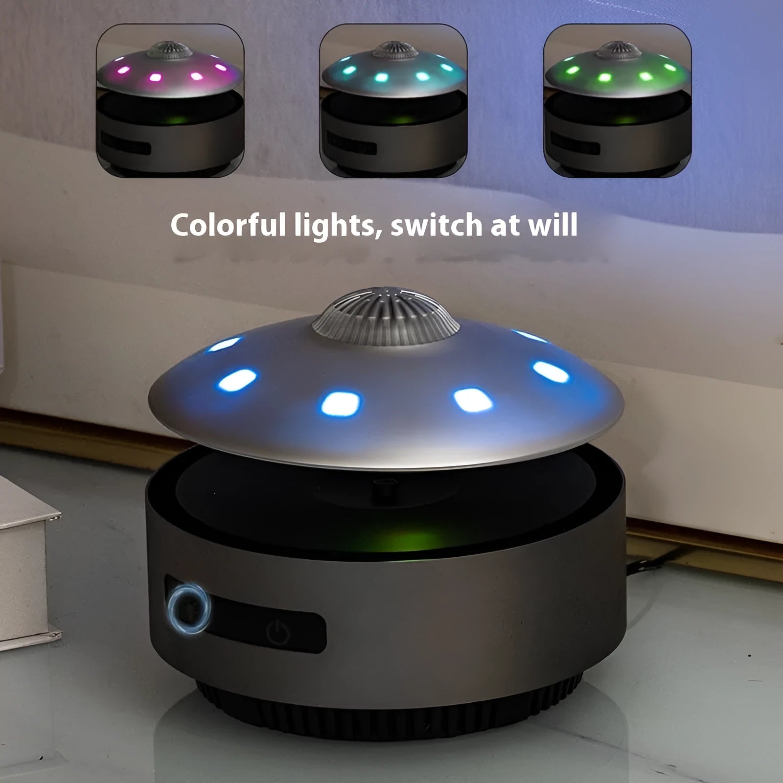 Automatic lifting magnetic levitation Bluetooth speaker hovering above its base.