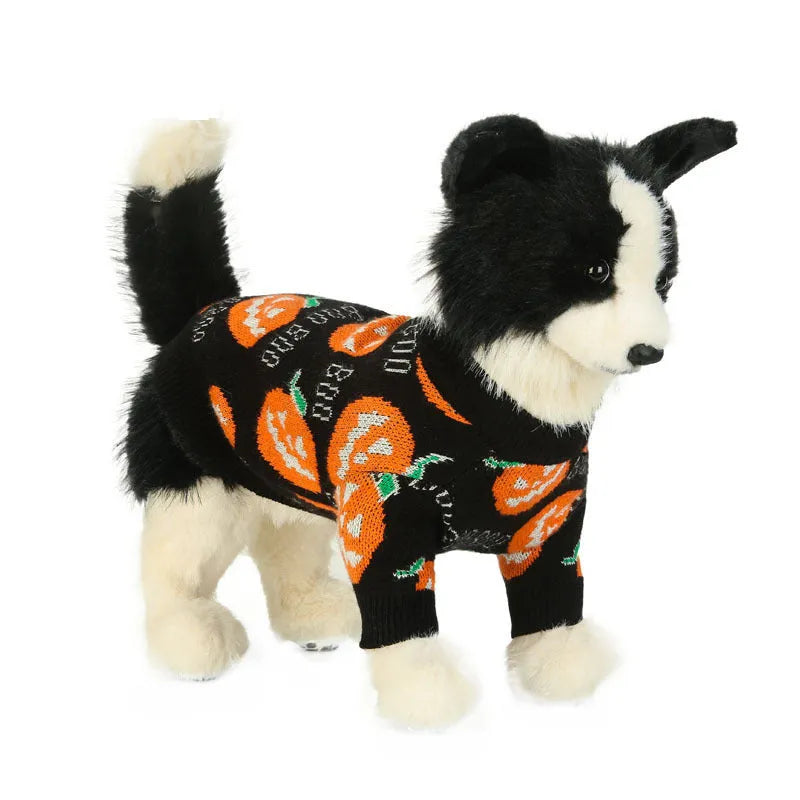 Black Halloween dog sweater with orange pumpkin pattern design for pet costumes