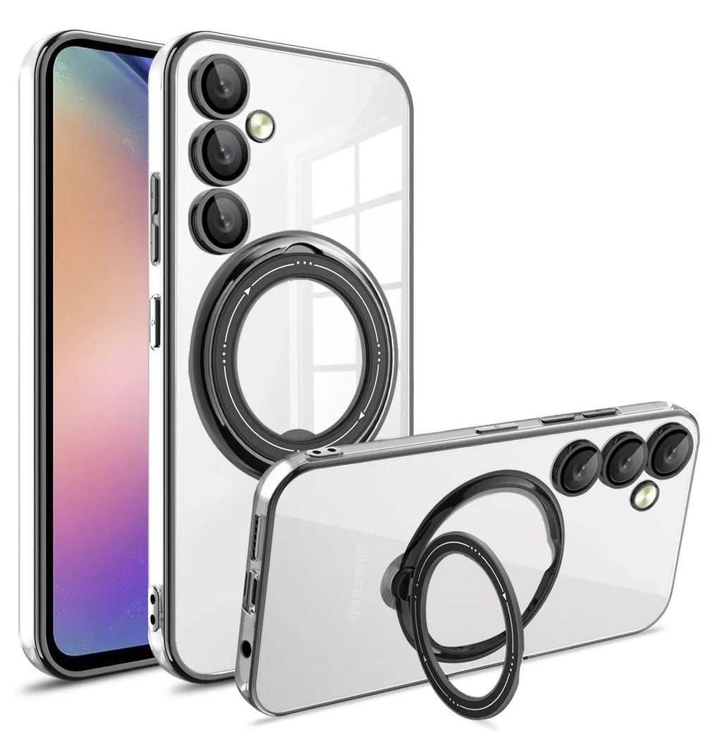 Electroplating transparent TPU phone case with magnetic suction and bracket for Samsung, black colour