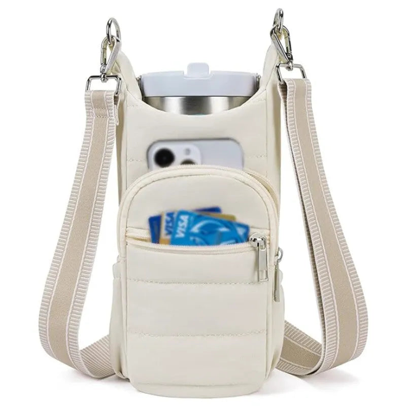 Cloth bicycle water bottle bag in black, pink or beige colour mounted on bike frame
