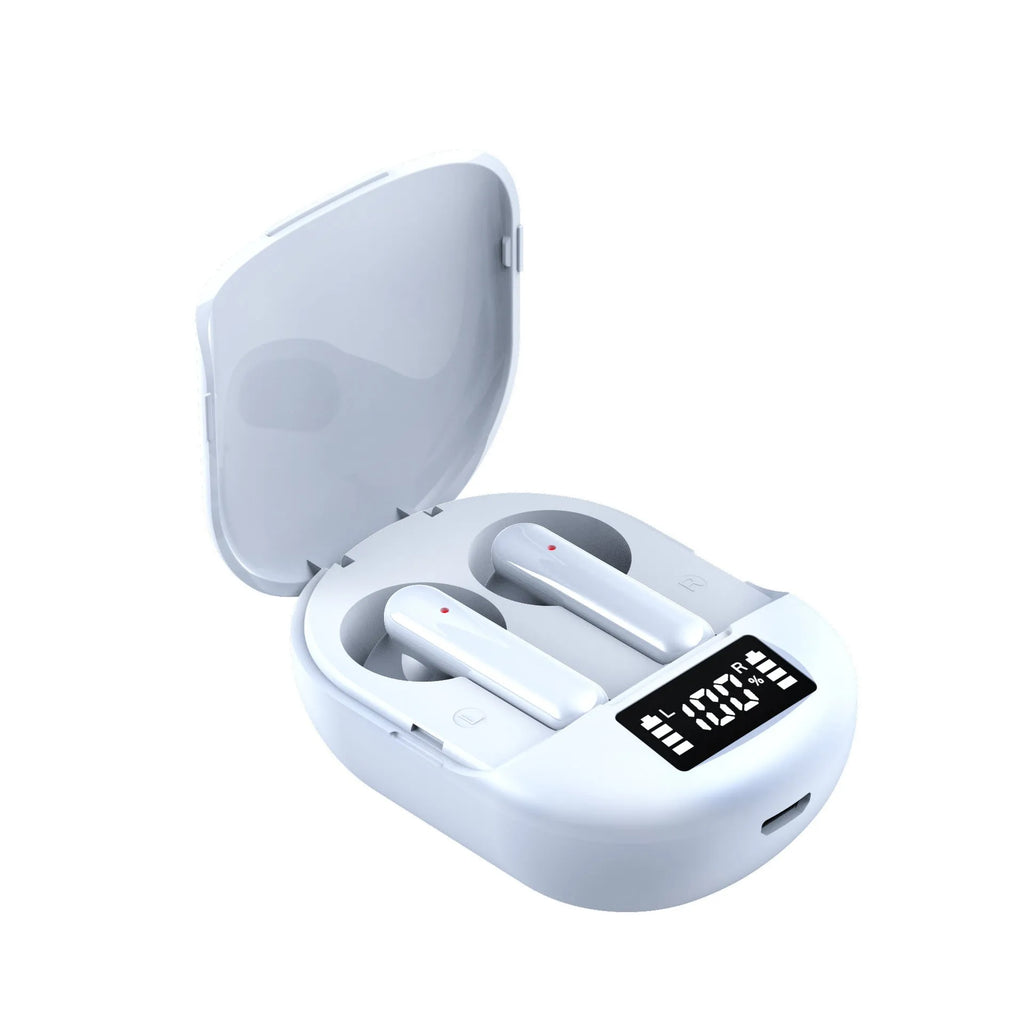 Black wireless Bluetooth in-ear headset with charging bin showing digital display screen