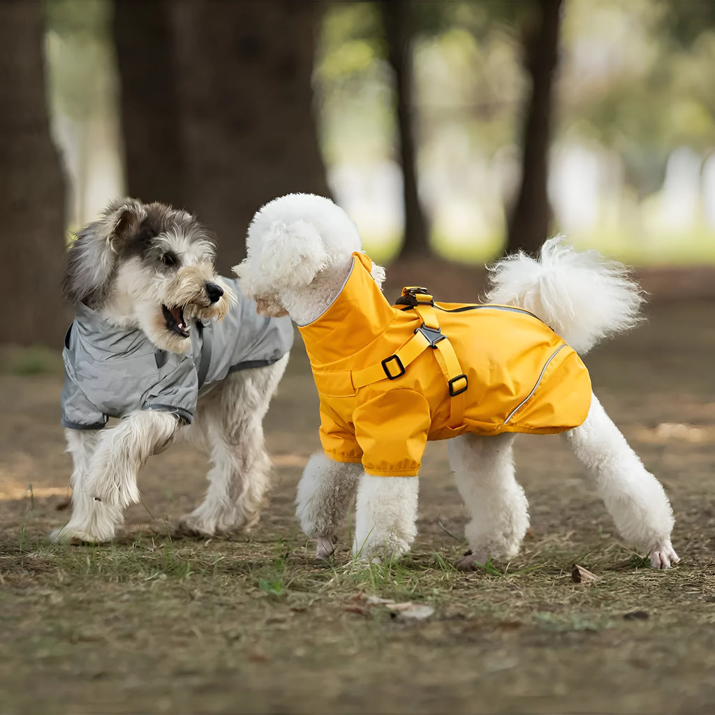 Waterproof polyester dog raincoat for small breeds with two legs in camouflage colour