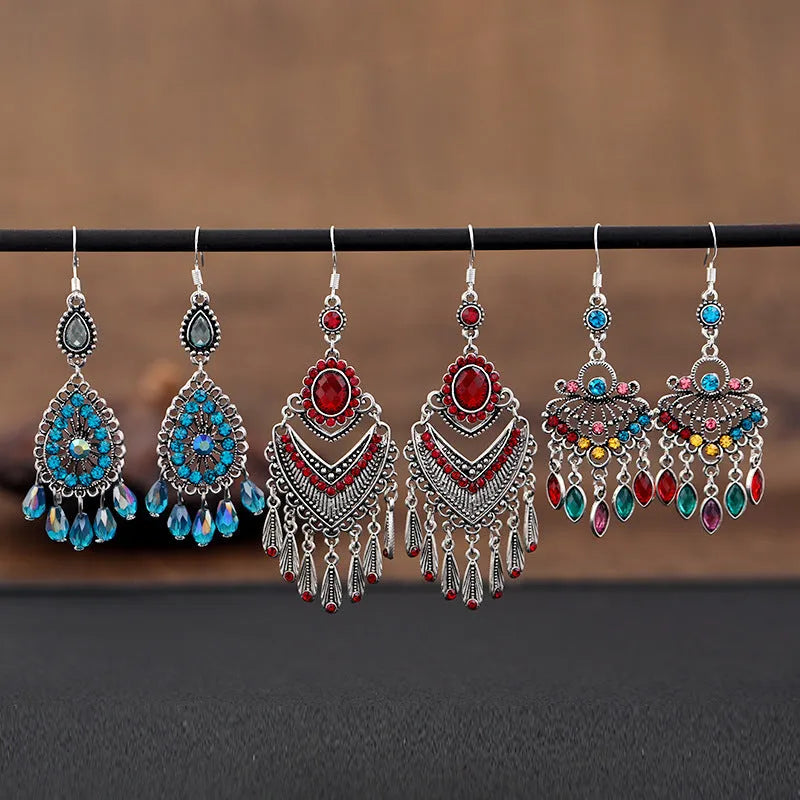 Purple long drop fringe earrings with crystals, ethnic retro style alloy jewellery.