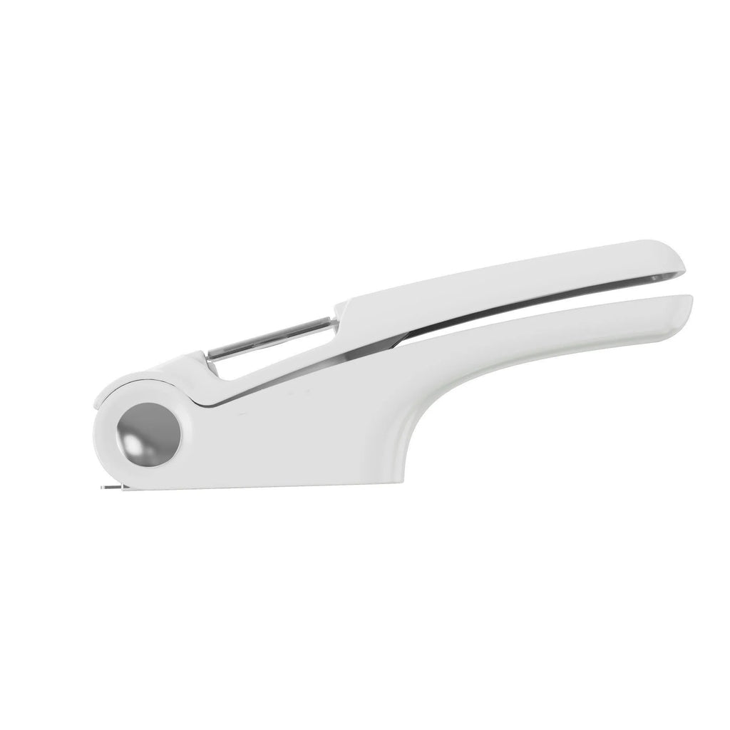 Manual garlic press kitchen gadget with ABS and stainless steel construction in white green orange colours