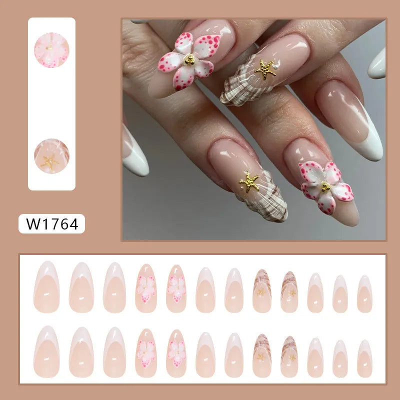 French style fake nails with removable flower and rock pattern decorative patches in W1764 Simple Flowers colour