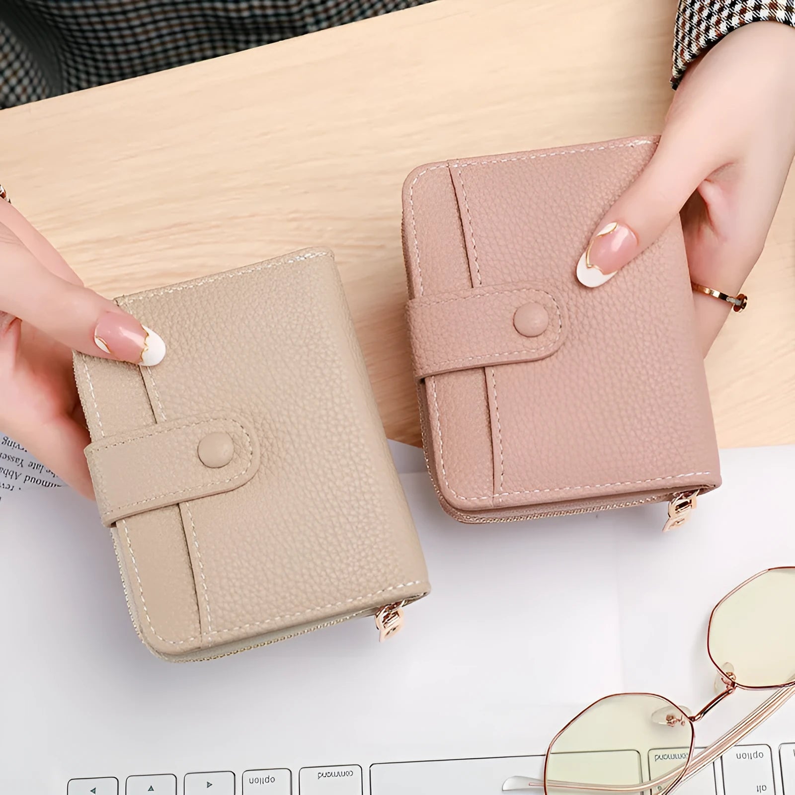 Women's lychee pattern organ short wallet in pu material with breathable antibacterial properties