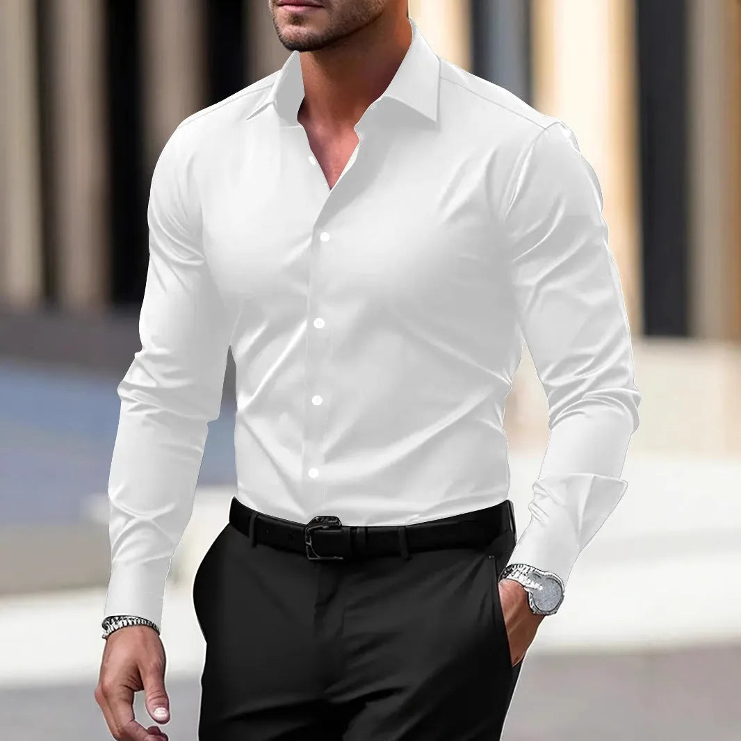 Men's solid colour velvet button down shirt in navy blue with long sleeves and lapel collar