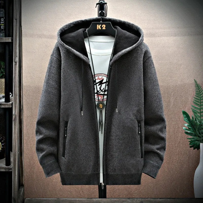 Men's velvet padded hooded cardigan in black, slim fit with polyester padding, cotton blend fabric