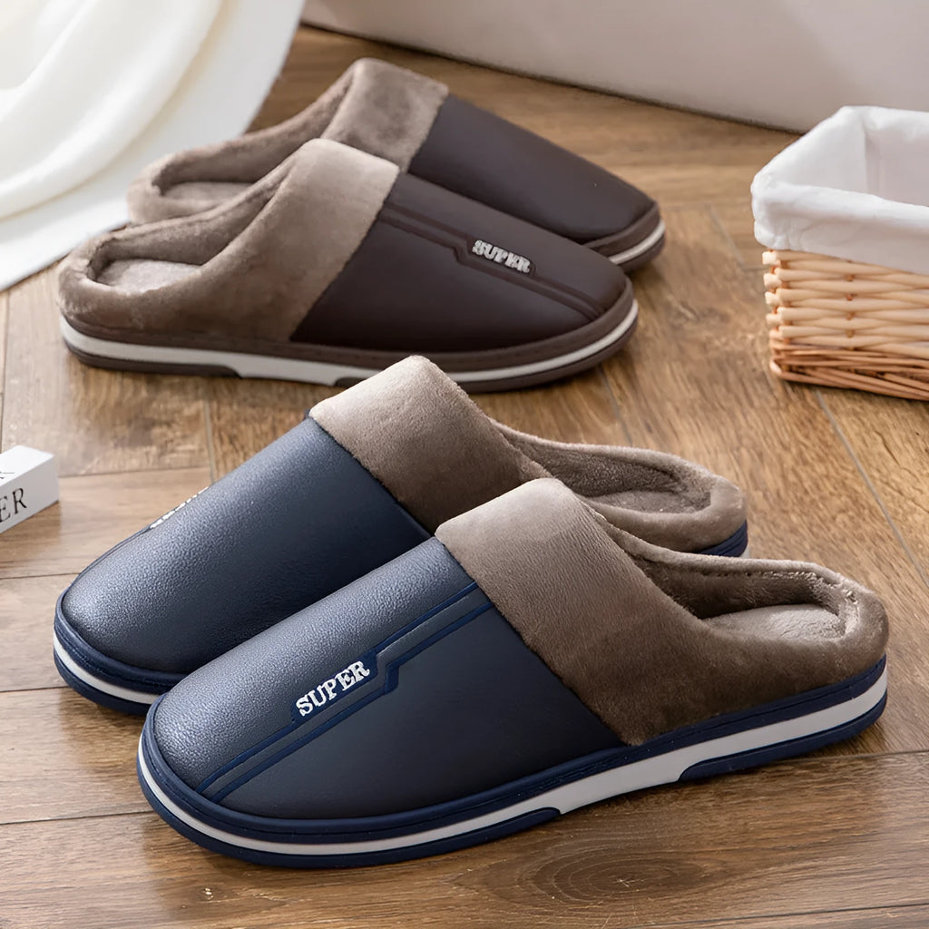 Men's winter slippers with artificial PU upper, rubber sole, 3cm heel, brown or dark blue, sizes 40-50