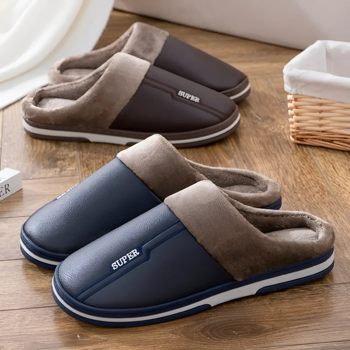 Men's winter slippers with artificial PU upper, rubber sole, 3cm heel, brown or dark blue, sizes 40-50