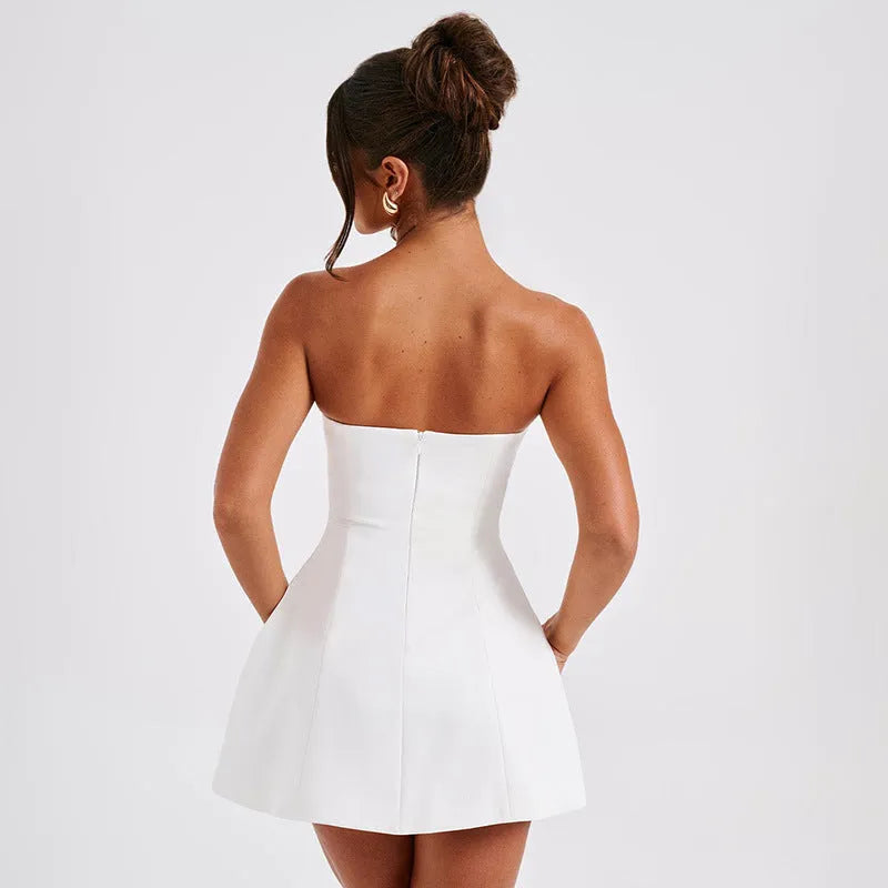 Women's solid colour backless A-line tube dress on a hanger, shown in a short length with a high waist.