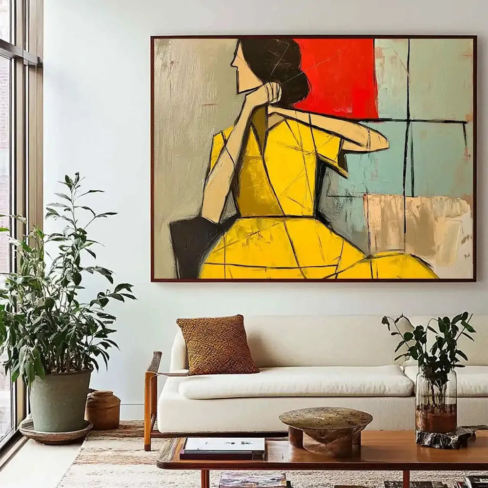 Abstract woman handmade oil painting in brown and green tones on canvas, vertical orientation, wabi sabi style, no frame
