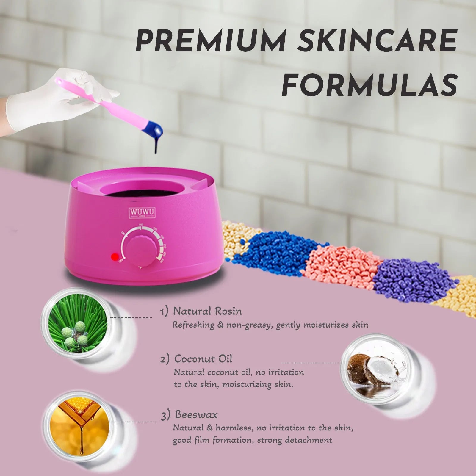 Black or pink 52-piece professional waxing kit with wax warmer, beans, lotion, masks, and tools
