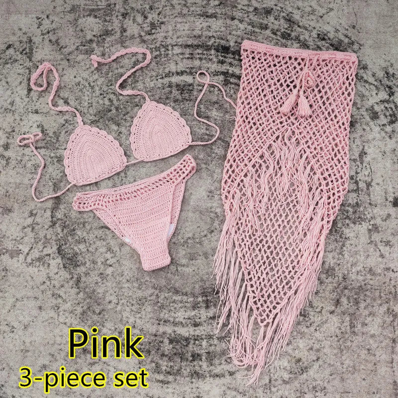 Women's handmade crochet three-piece bikini and beach skirt swimsuit set