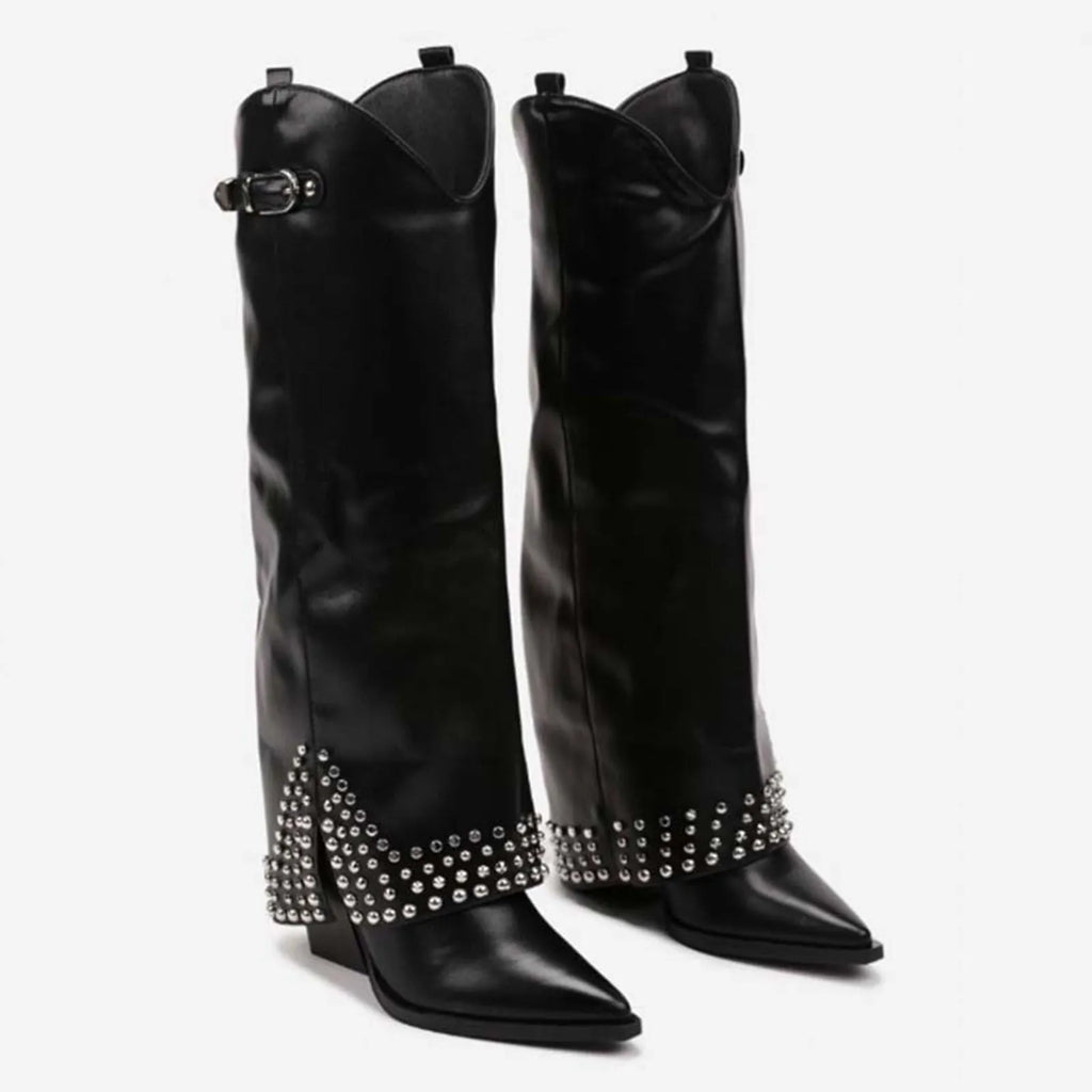Women's black frosted rivet pantyhose boots with rubber soles and microfiber suede leather upper
