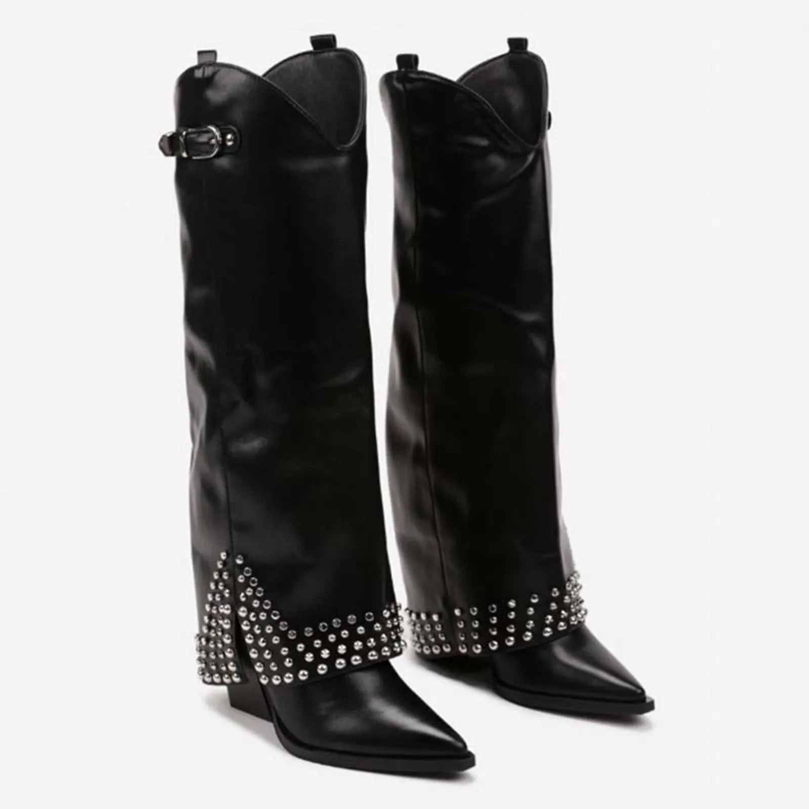 Women's black frosted rivet pantyhose boots with rubber soles and microfiber suede leather upper