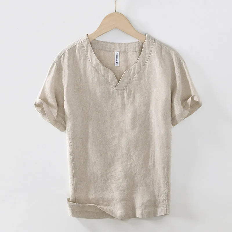 Linen pullover short sleeve t-shirt top in khaki colour with relaxed fit and tunic length