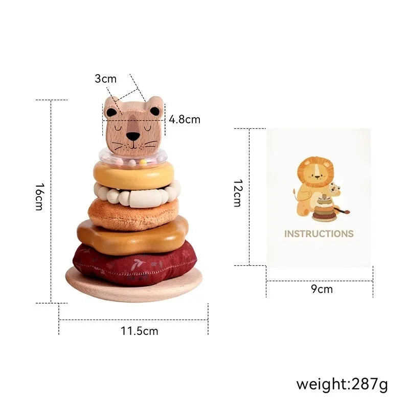 Wooden lion set column puzzle toy with colourful sleeve column for children aged 4-6