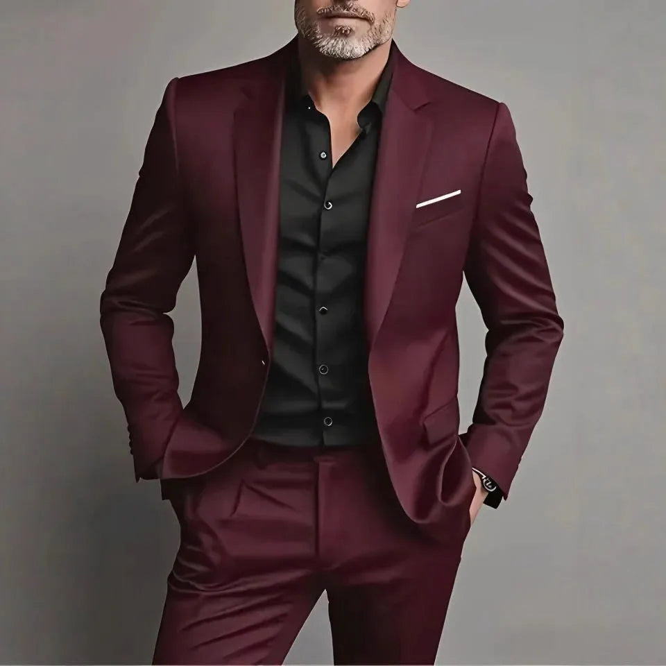 Men's slim fit two-piece cotton blend suit set in black, coat and trousers on hanger