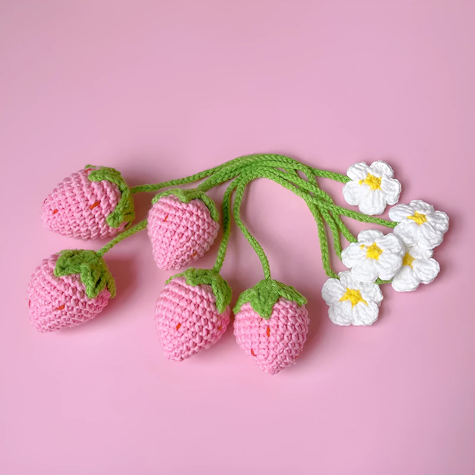 Handmade wool crochet strawberry pendant charm on 35cm cord in red or pink colour