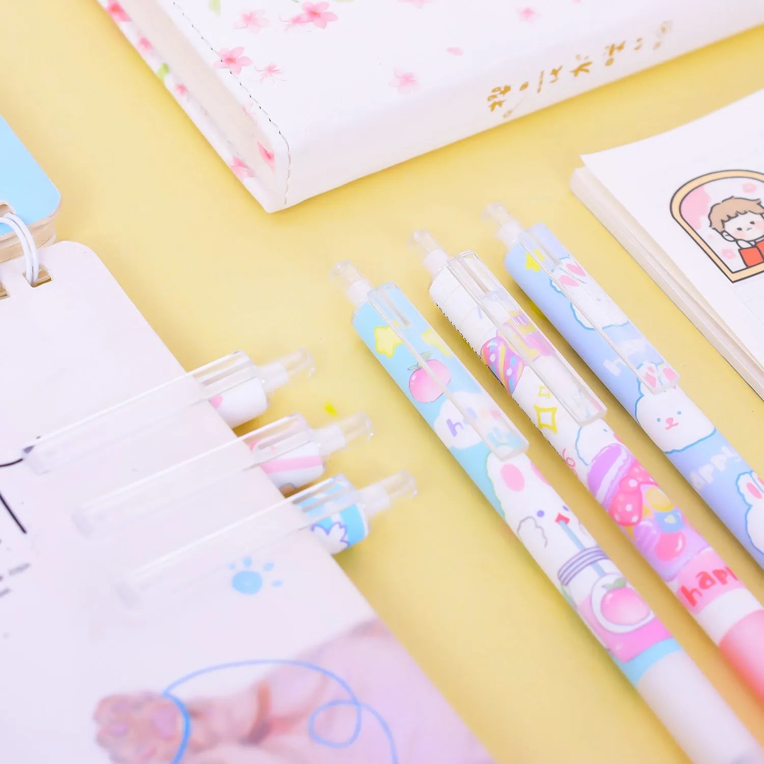 Six cartoon bunny student stationery pens with 0.5mm black signature tips in neutral colours