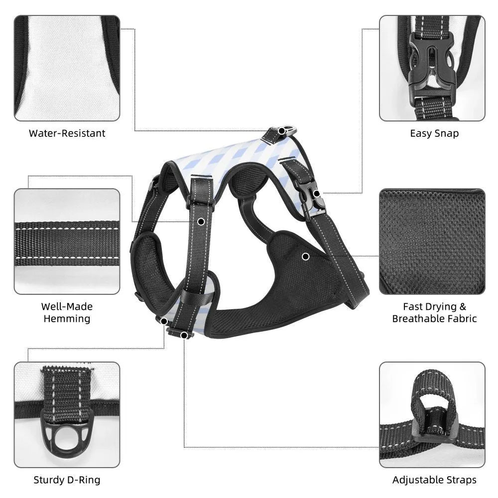Durable oxford cloth pet leash vest with reflective webbing and DTG print, suitable for outdoor dog walking