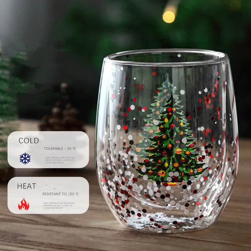 Double-layer borosilicate glass coffee cup with flowing sequins, Christmas tree design, 301-400ml capacity