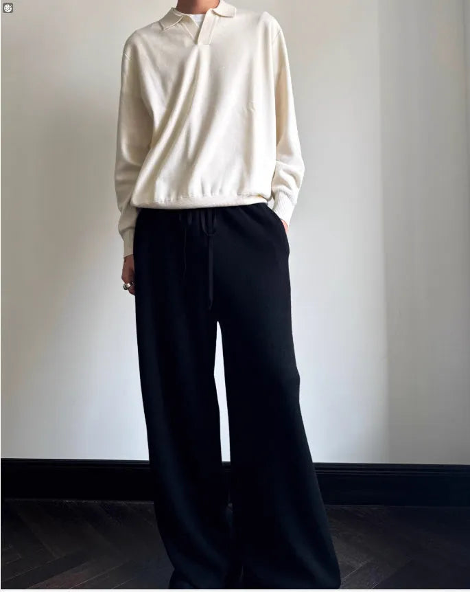 Men's pure wool polo sweater with lapel collar in milky white or navy blue
