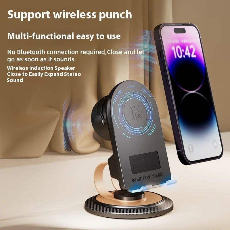 Black Gold folding Bluetooth mobile phone stand with wireless charger pad on a desk