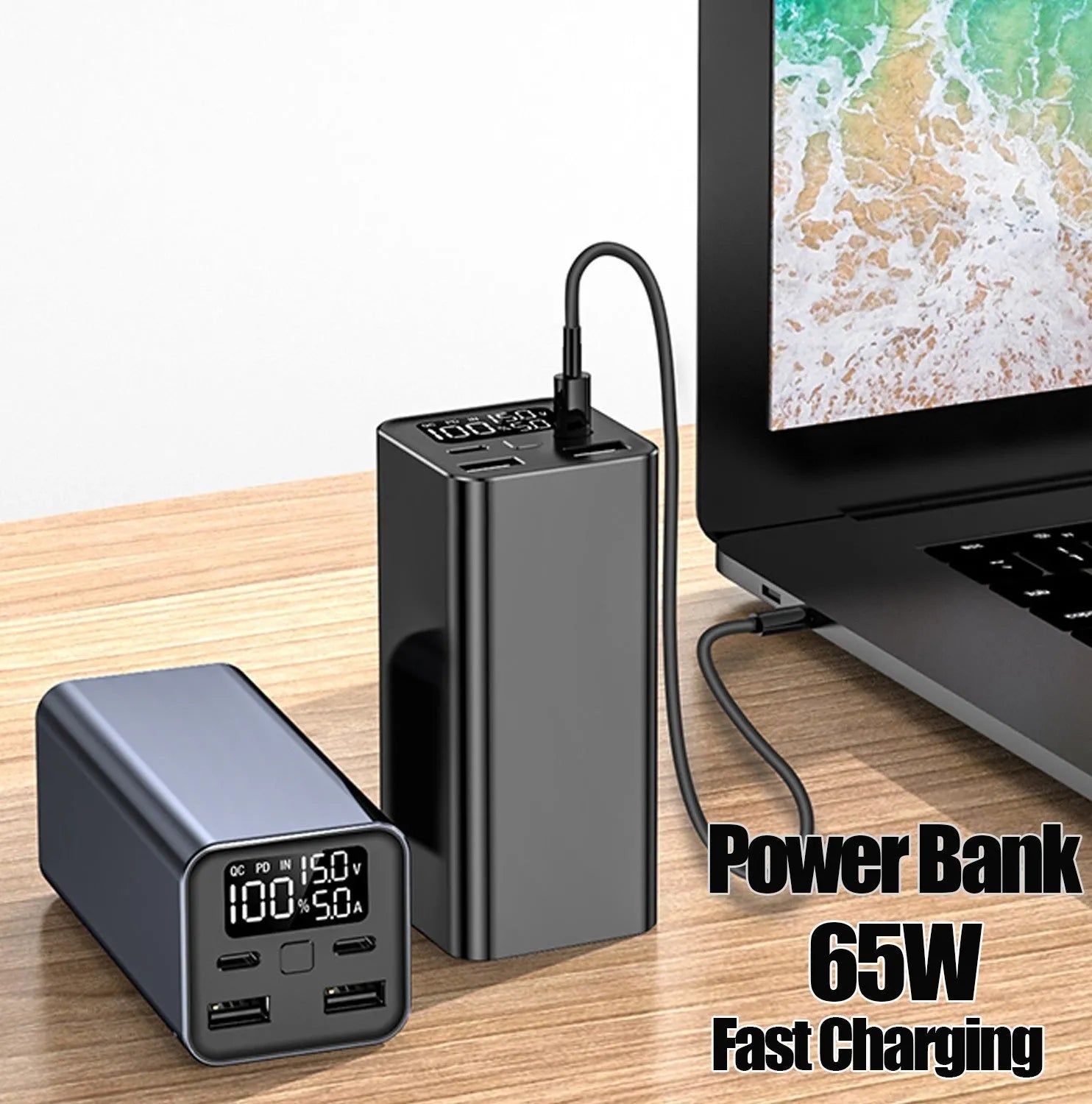65W metal power bank with 20000mAh capacity for laptop charging in black, blue, or grey