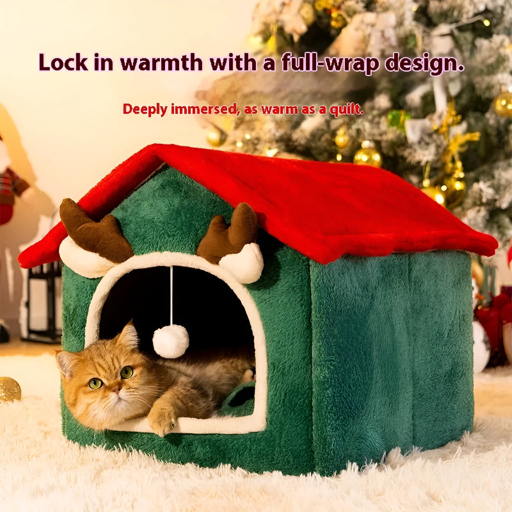 Christmas cat nest in red top elk colour with removable cover, made from cotton and PP cotton, on display as a pet bed