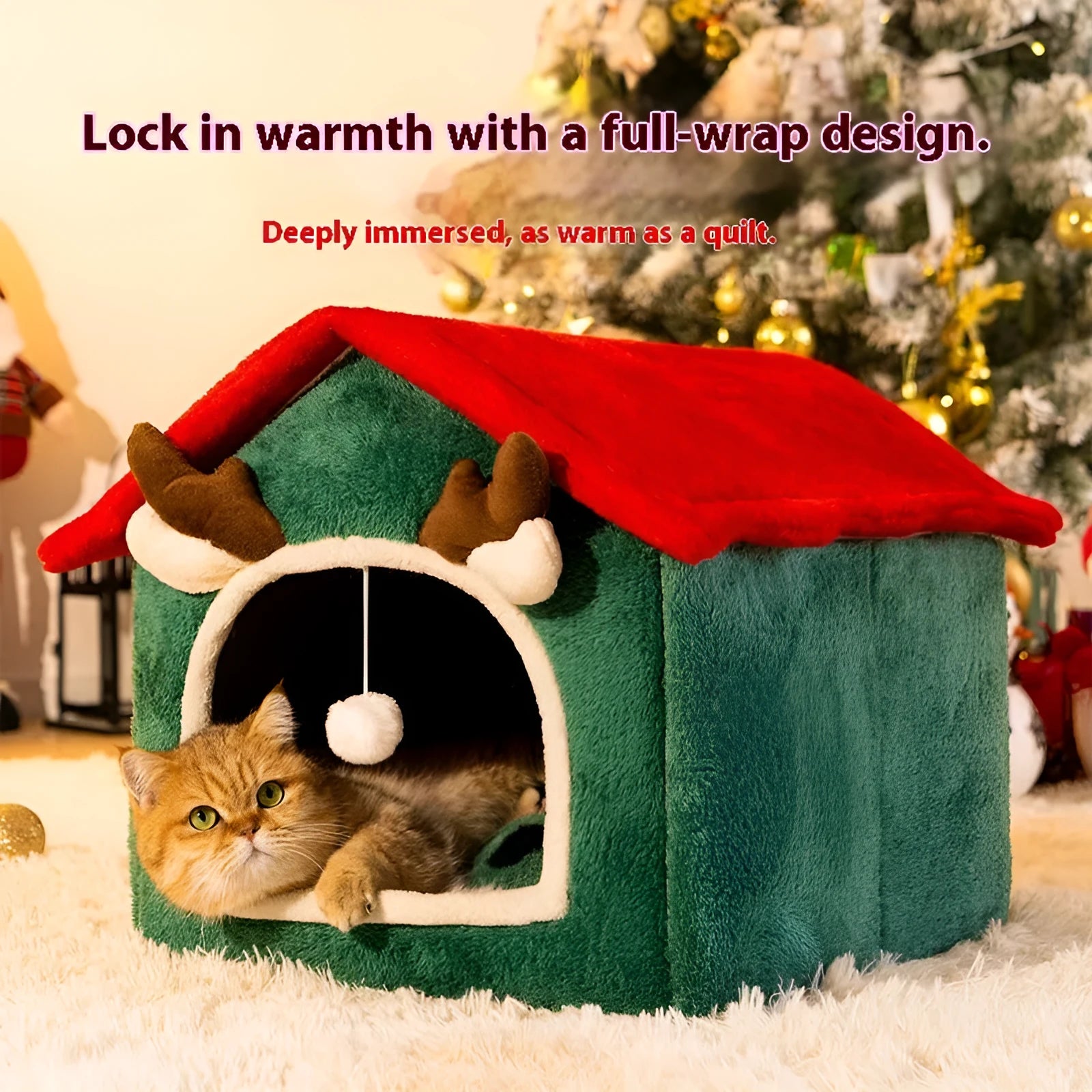 Christmas cat nest in red top elk colour with removable cover, made from cotton and PP cotton, on display as a pet bed