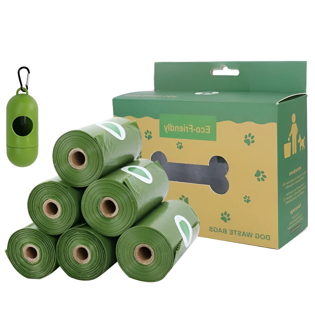 Boxed pet waste bag set with lavender scent, biodegradable, extra thick, and dispenser with metal carabiner