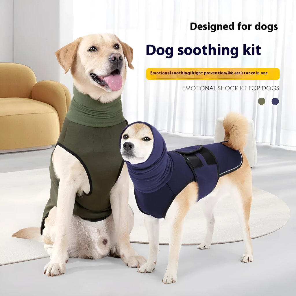 Dog wearing army green calming jacket with velcro straps for anxiety relief
