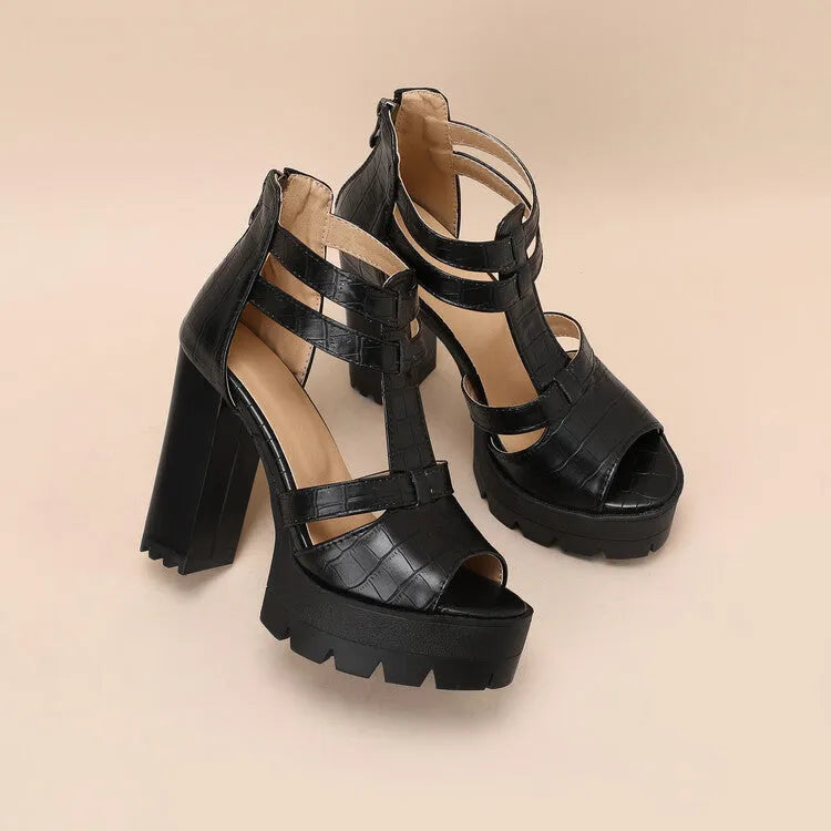 Women's platform high heel sandals with back zipper in yellow, black, and wine red colours