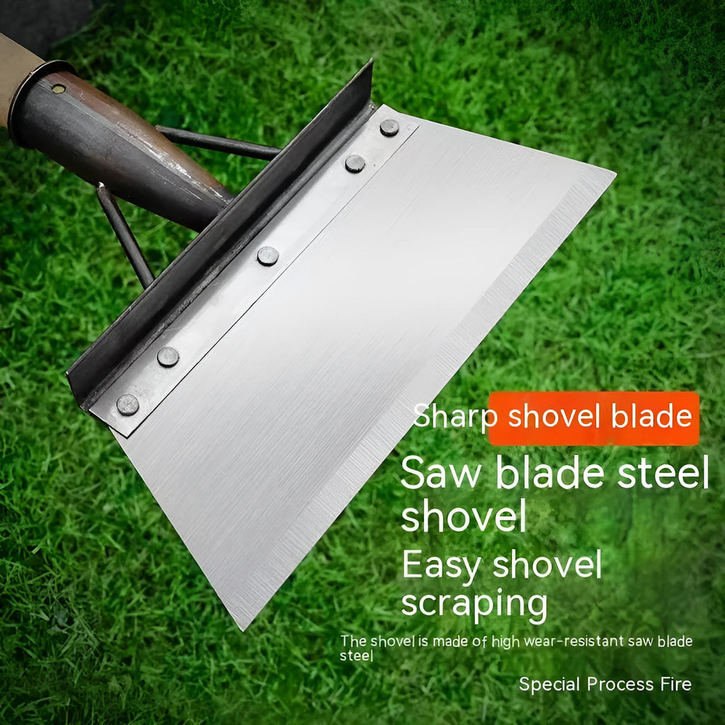 Manganese steel cleaning shovel shown in one of five available sizes for garden and household use.
