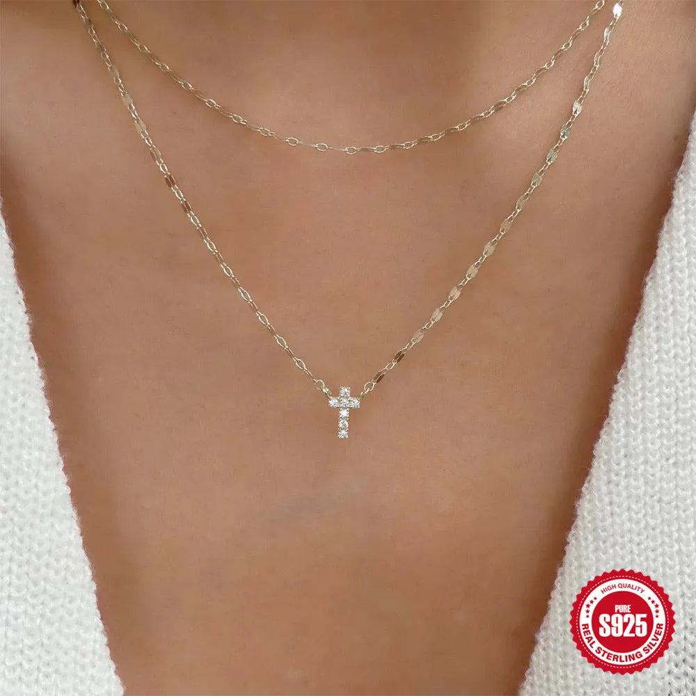 S925 sterling silver double layer twin diamond cross pendant necklace with clavicle chain.