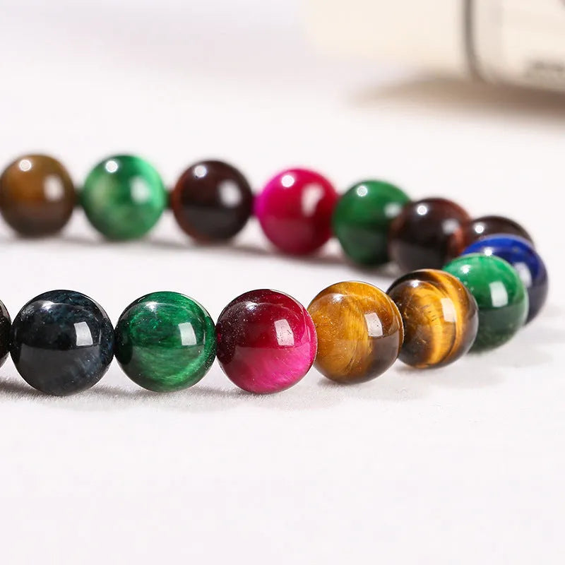Colourful tiger-eye bracelet with 6mm 8mm 10mm 12mm round beads on mixed string