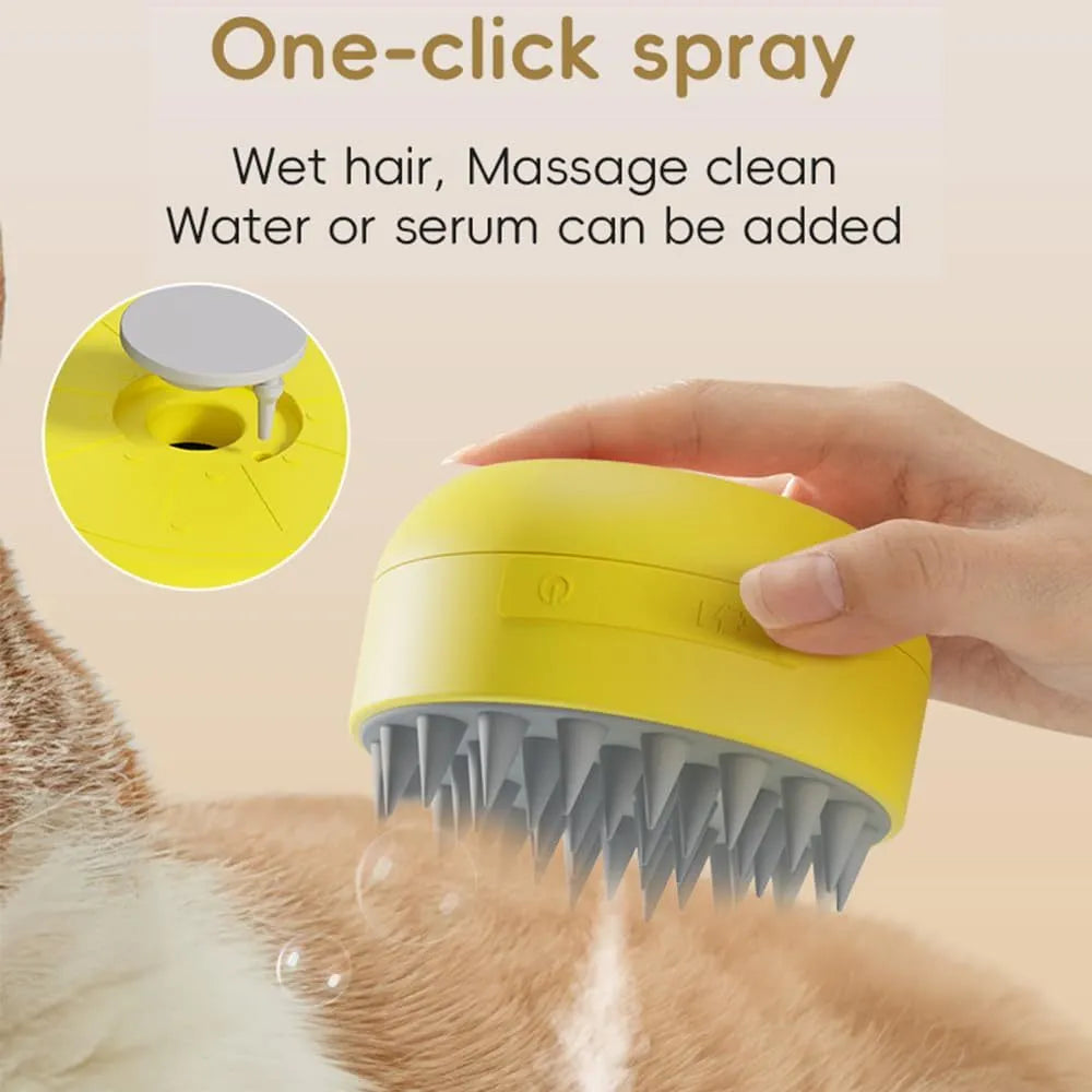 Green and yellow rechargeable cat steam brush with silicone bristles for pet grooming and massage.