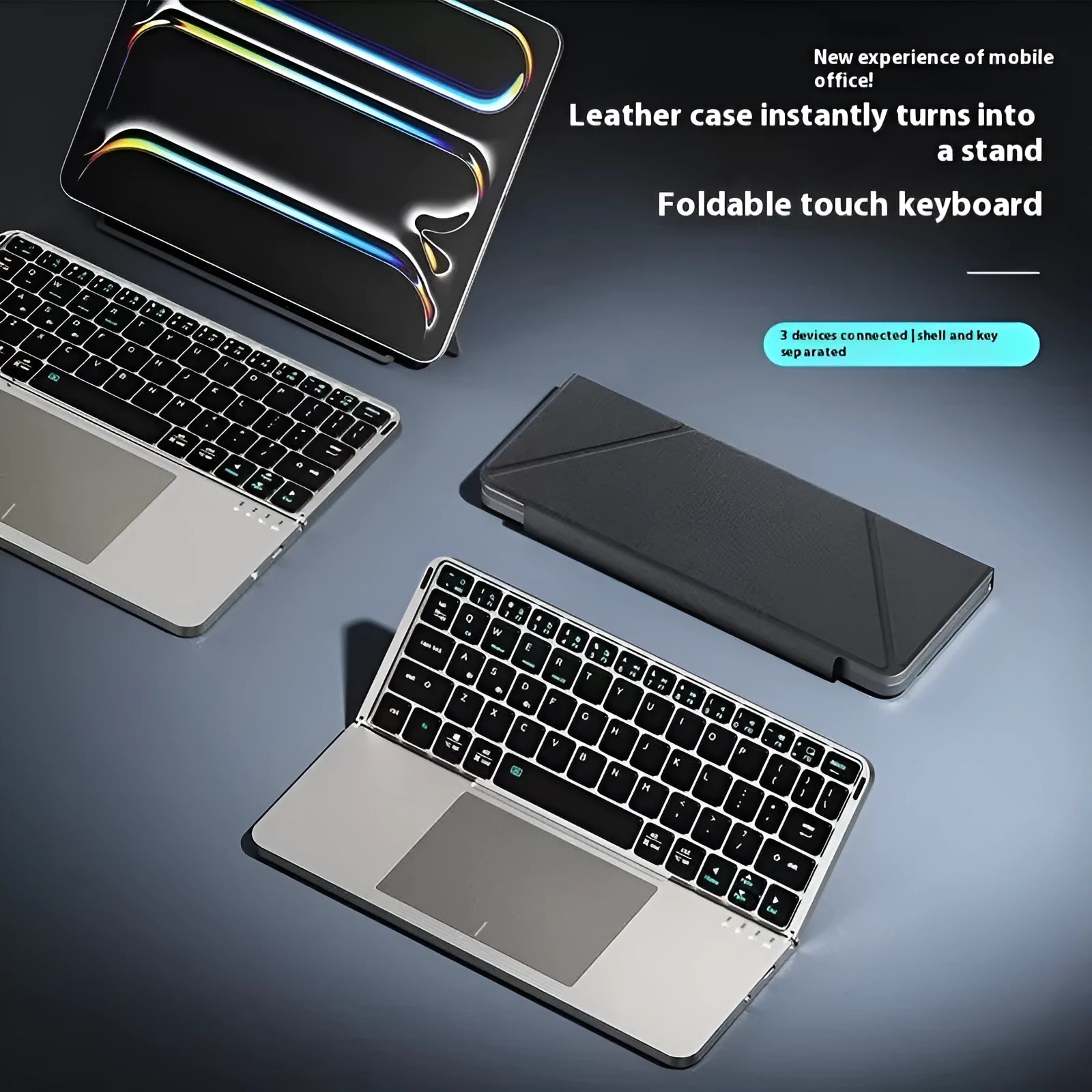 Grey aluminium Bluetooth folding keyboard for smartphones and tablets in compact folded position
