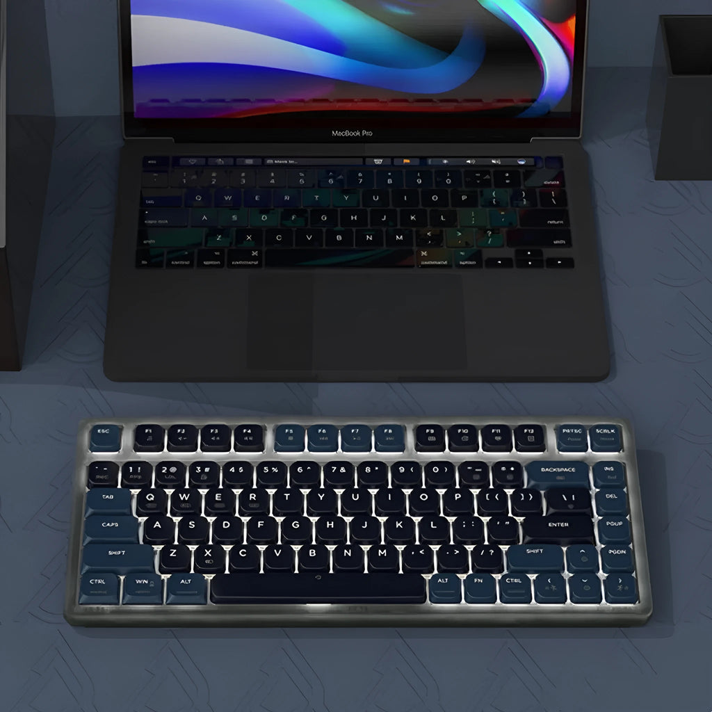 AJAZZ AK832PRO mechanical keyboard with colour screen and green keycaps showing compact 81-key layout