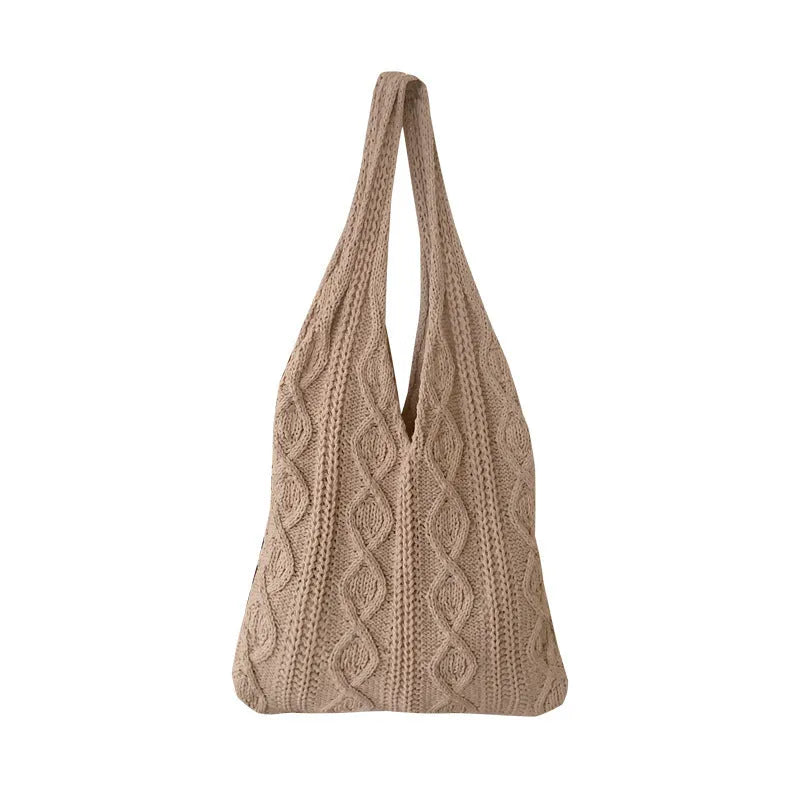 Retro hollow knitted polyester shoulder tote bag in large 55cm size with double straps.