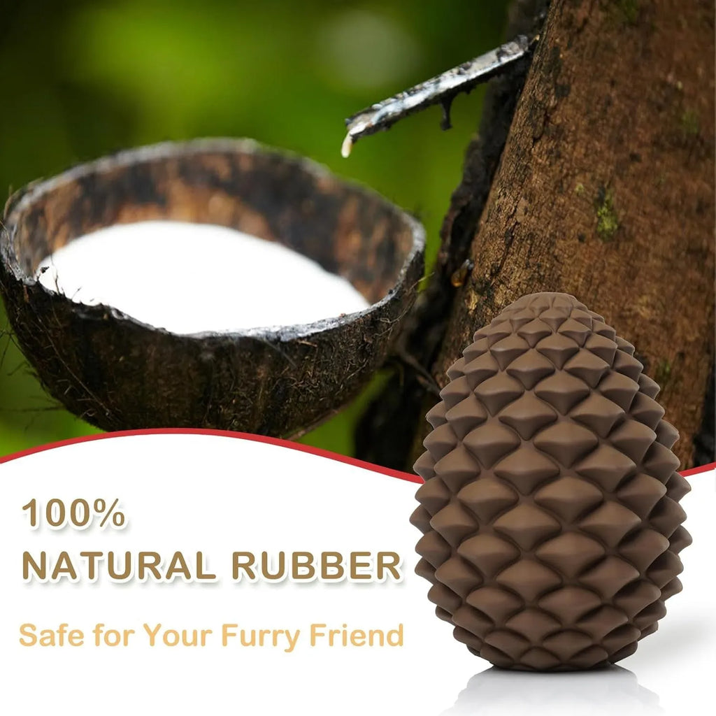 Yellow pine cone-shaped natural rubber dog chew toy with treat dispenser hole