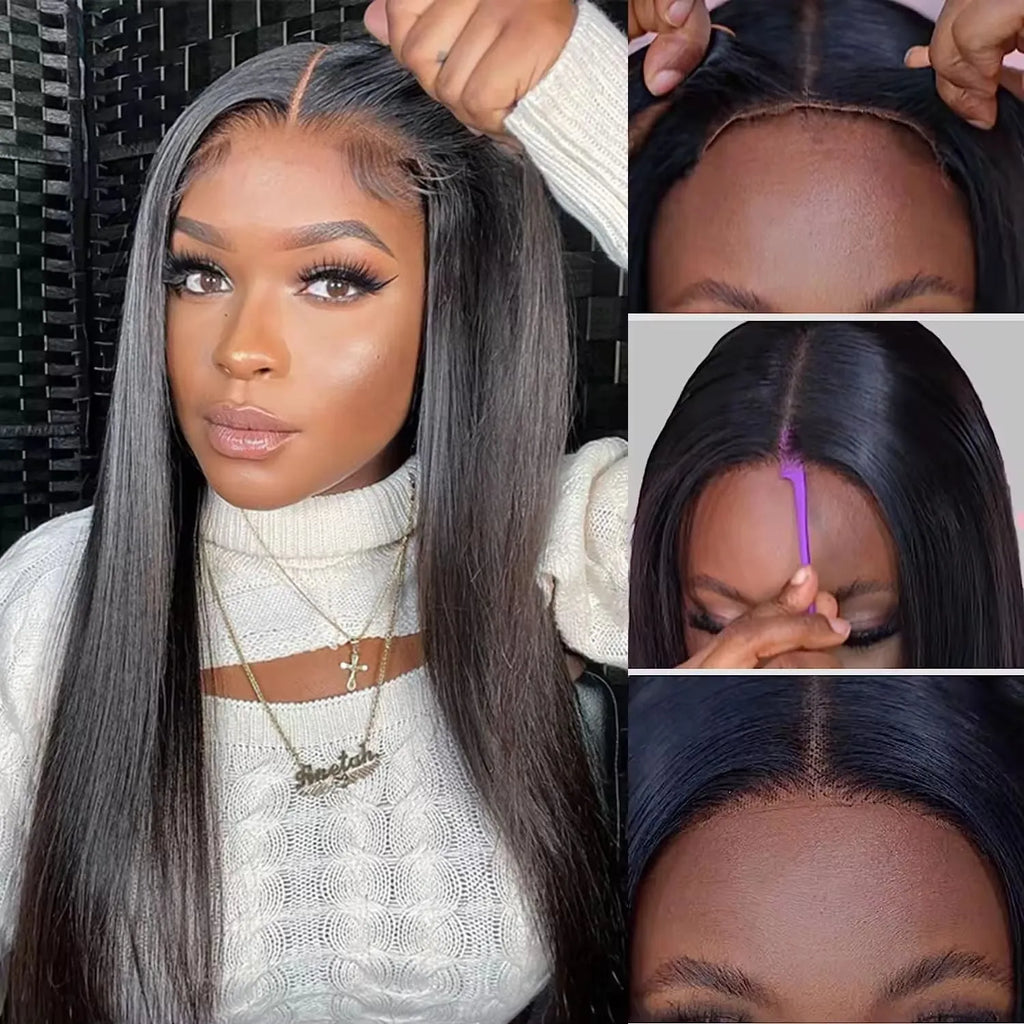 Glueless straight human hair wig with side bangs shown in 180% density and 22-inch length.