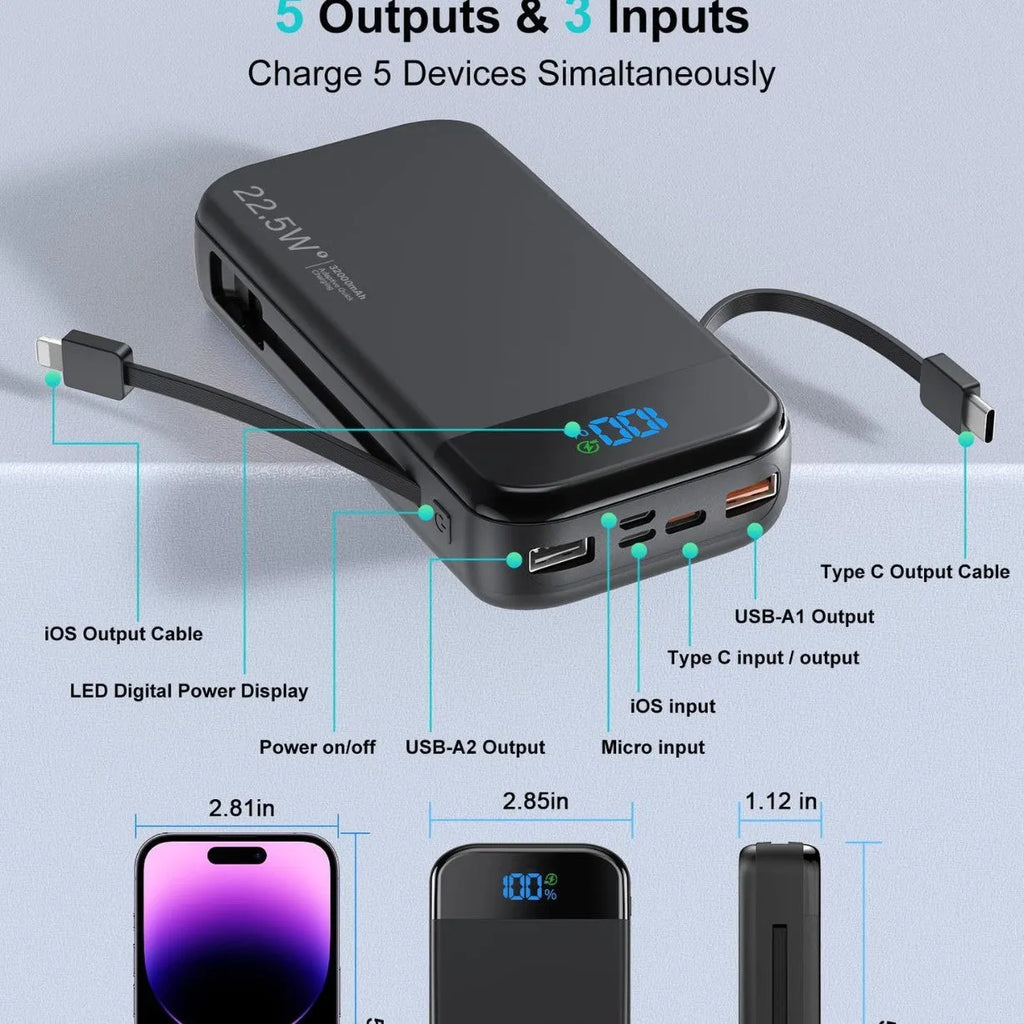 PSE power bank fast charge 32000mAh black and orange with digital display and Type-C cable