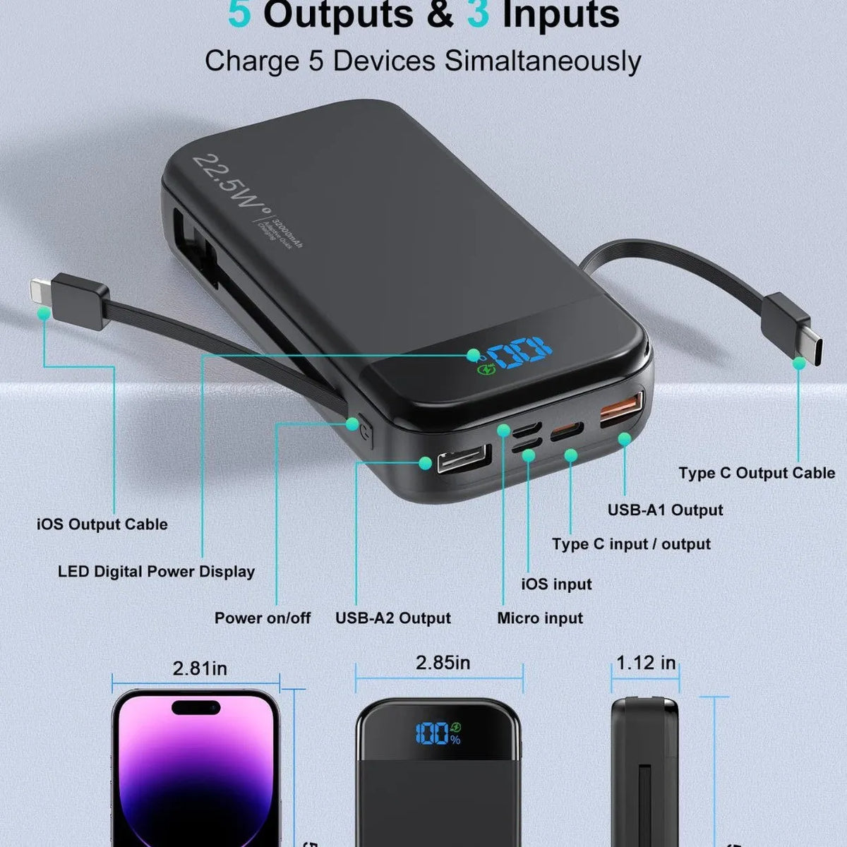 PSE power bank fast charge 32000mAh black and orange with digital display and Type-C cable