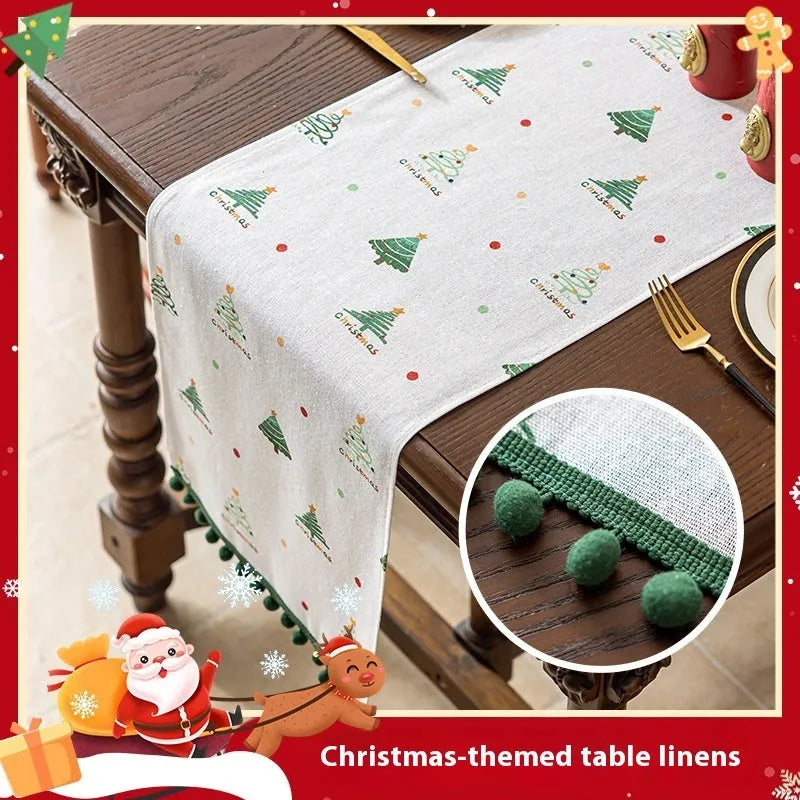 Green Christmas table runner with tree pattern on a dining table, 35cm wide polyester imitation linen